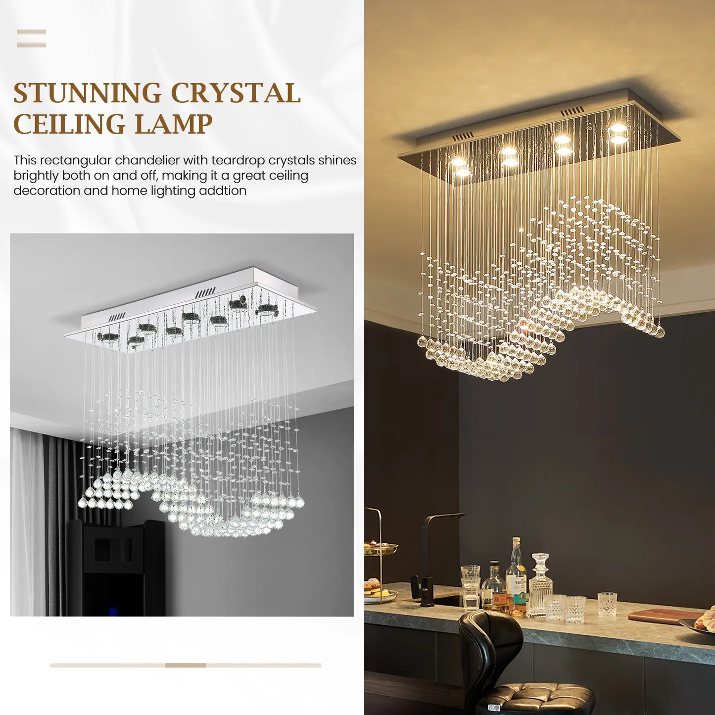 31.5“ Rectangle Crystal Chandelier, Flush Mount Ceiling Light Fixture for Dining Room Kitchen Island Home Lighting