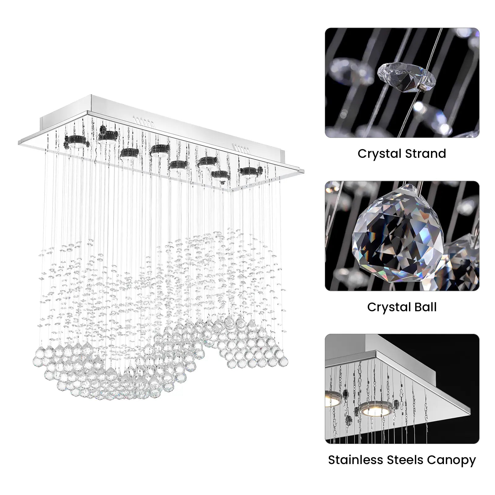 31.5“ Rectangle Crystal Chandelier, Flush Mount Ceiling Light Fixture for Dining Room Kitchen Island Home Lighting
