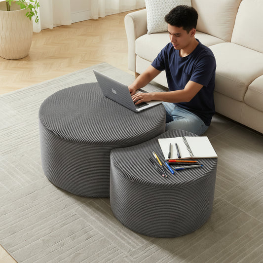 Nesting Coffee Table Set of 2,Upholstered round Coffee Tables Set of 2 for Living Room, Modern Foam round Coffee Table Side Table End Table Ottoman, No Assembly