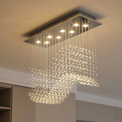 31.5“ Rectangle Crystal Chandelier, Flush Mount Ceiling Light Fixture for Dining Room Kitchen Island Home Lighting