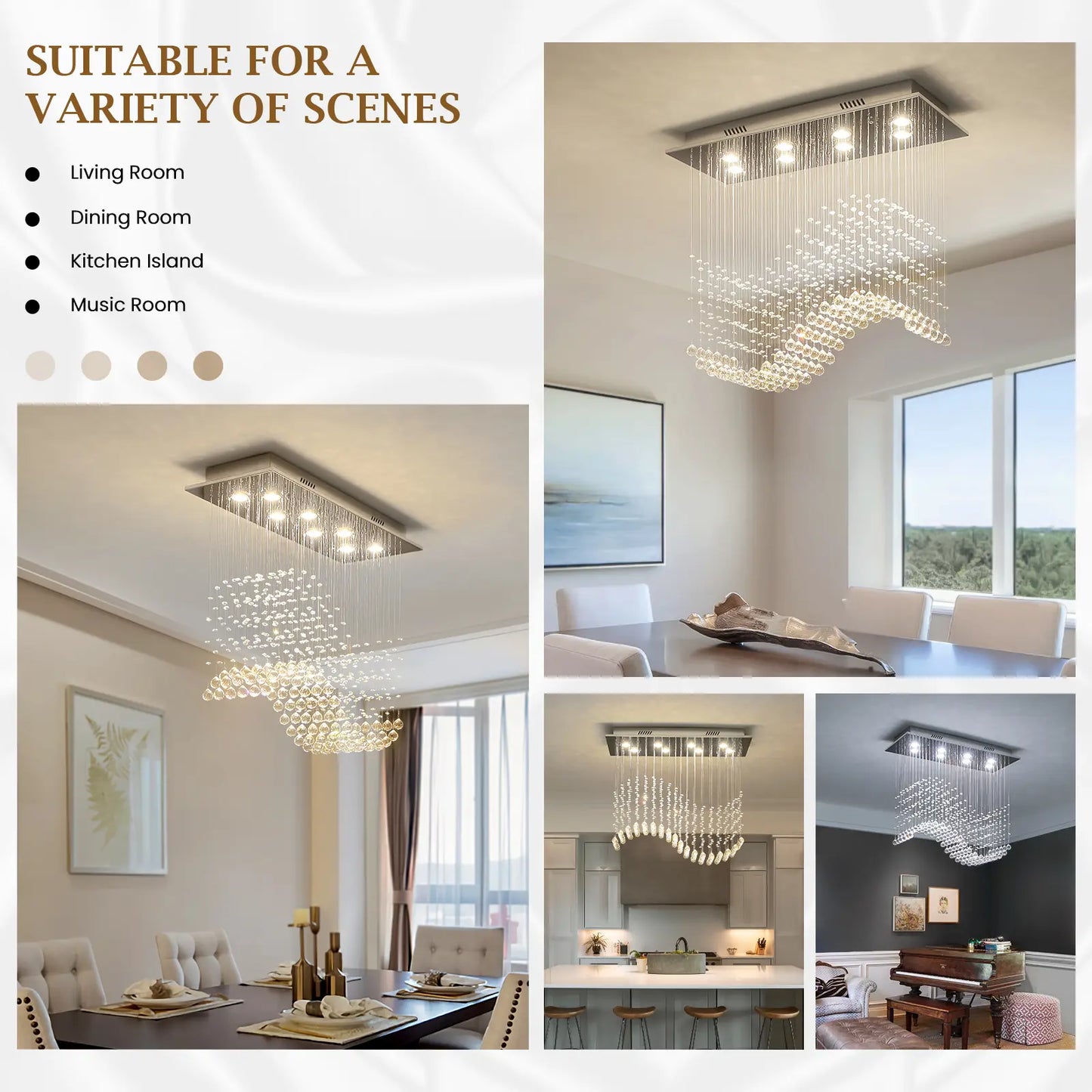 31.5“ Rectangle Crystal Chandelier, Flush Mount Ceiling Light Fixture for Dining Room Kitchen Island Home Lighting