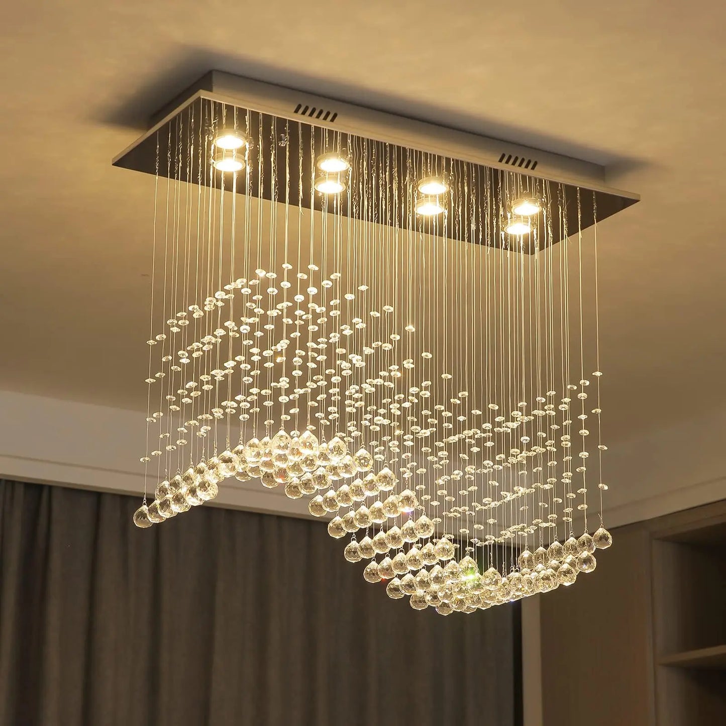 31.5“ Rectangle Crystal Chandelier, Flush Mount Ceiling Light Fixture for Dining Room Kitchen Island Home Lighting