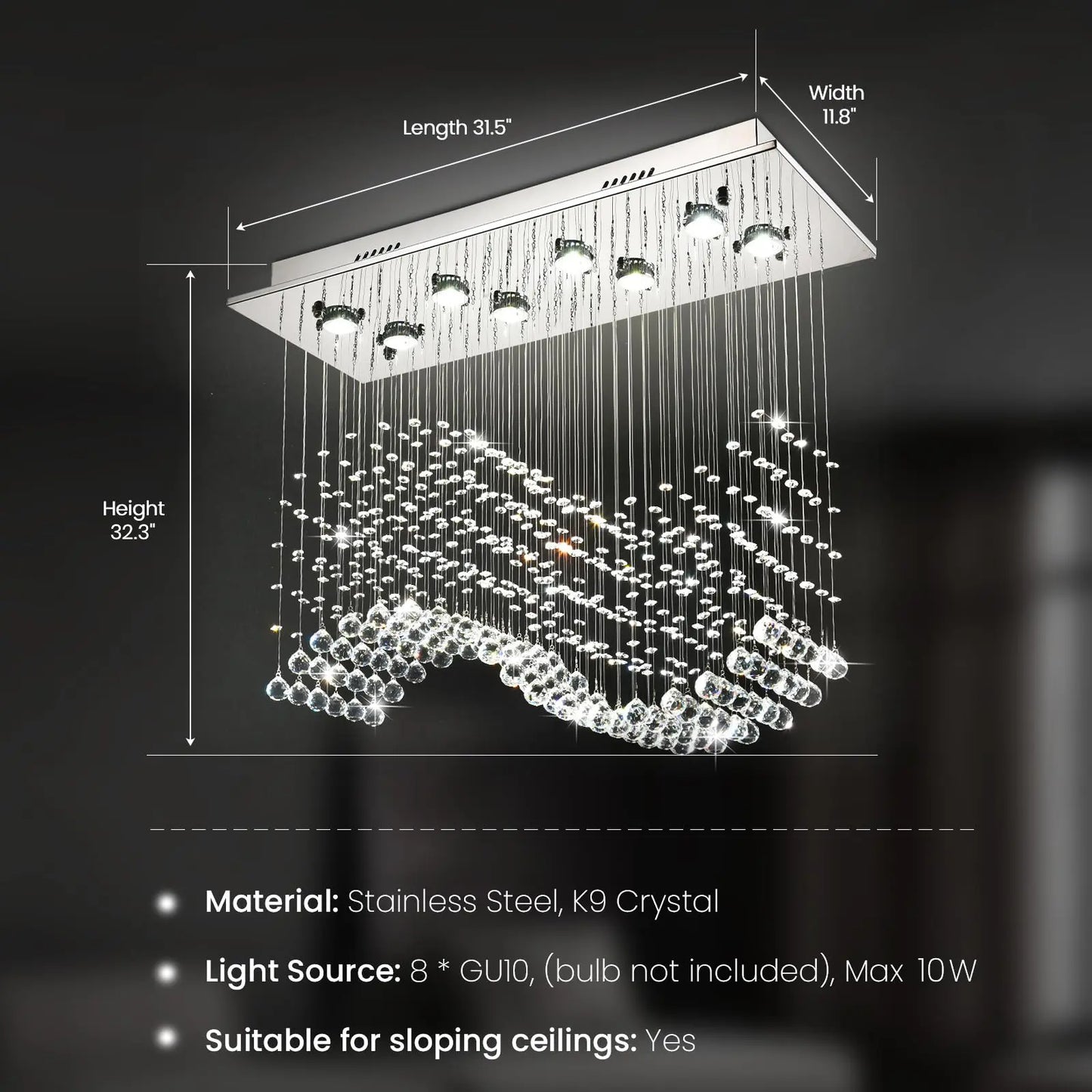 31.5“ Rectangle Crystal Chandelier, Flush Mount Ceiling Light Fixture for Dining Room Kitchen Island Home Lighting