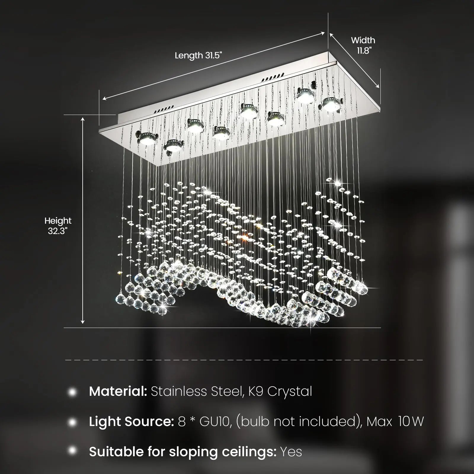 31.5“ Rectangle Crystal Chandelier, Flush Mount Ceiling Light Fixture for Dining Room Kitchen Island Home Lighting