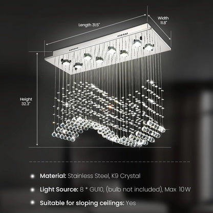 31.5“ Rectangle Crystal Chandelier, Flush Mount Ceiling Light Fixture for Dining Room Kitchen Island Home Lighting